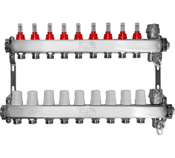 Коллекторная группа RISPA 1× 3/4 9 выходов, нержавеющая сталь (в сборе с расходомерами, автоматическим воздухоотводом и дренажным краном) к.4 RKG109INOX- Россия