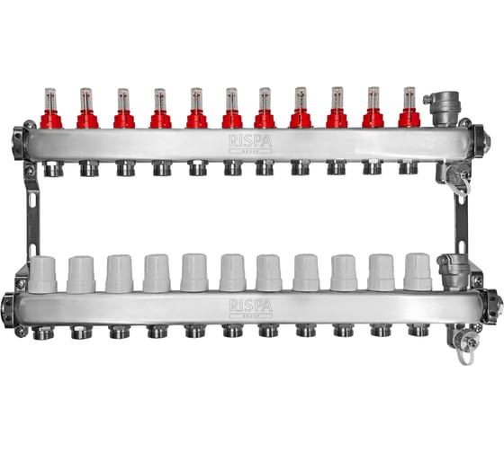 Коллекторная группа RISPA 1× 3/4 11 выходов, нержавеющая сталь (в сборе с расходомерами, автоматическим воздухоотводом и дренажным краном) к.4 RKG111INOX- Россия