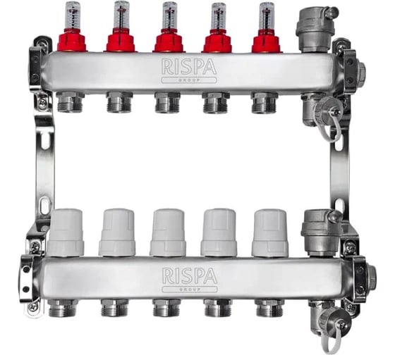 Коллекторная группа RISPA 1× 3/4 5 выходов, нержавеющая сталь (в сборе с расходомерами, автоматическим воздухоотводом и дренажным краном) к.5 RKG105INOX- Россия