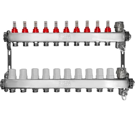Коллекторная группа RISPA 1× 3/4 10 выходов, нержавеющая сталь (в сборе с расходомерами, автоматическим воздухоотводом и дренажным краном) к.4 RKG110INOX- Россия