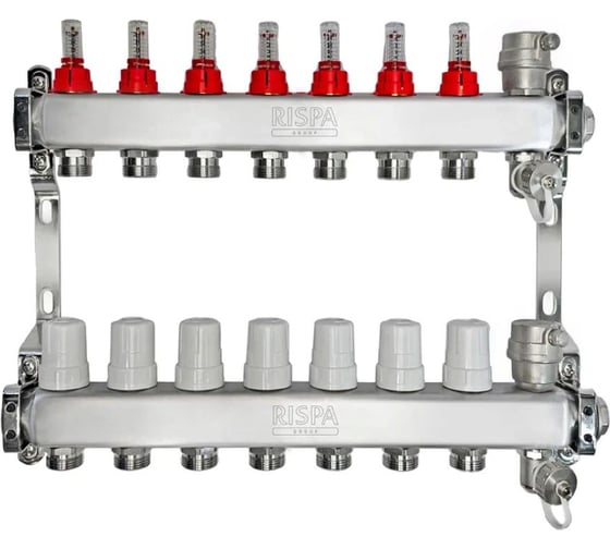 Коллекторная группа RISPA 1× 3/4 8 выходов, нержавеющая сталь (в сборе с расходомерами, автоматическим воздухоотводом и дренажным краном) к.5 RKG108INOX- Россия