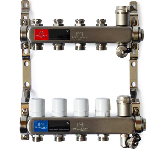 Коллекторная группа HILLMAN 1" из нержавеющей стали с балансировочными клапанами и автоматическими воздухоотводчиками, 5 контуров 3/4" евроконус (1 шт.) HM-S-KG134-05EK