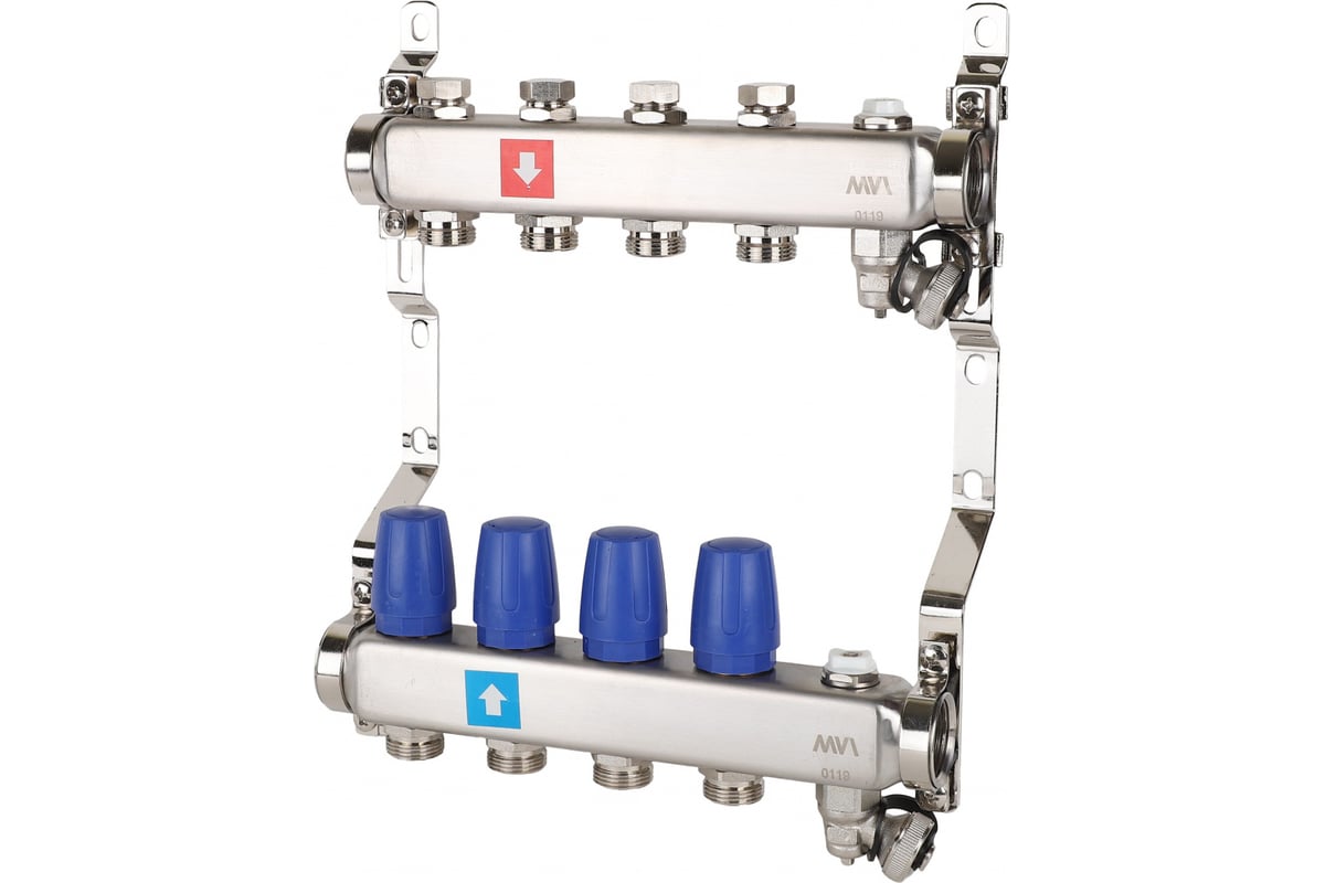 Коллектор MVI из нержавеющей стали, в сборе без расходомеров, с дренажным  краном и воздухоотводчиком MS.604.06