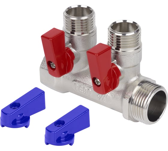Коллектор с шаровыми кранами TEBO 3/4"x1/2" НР, 2 выхода T-КБ.403.34-12.2.CN
