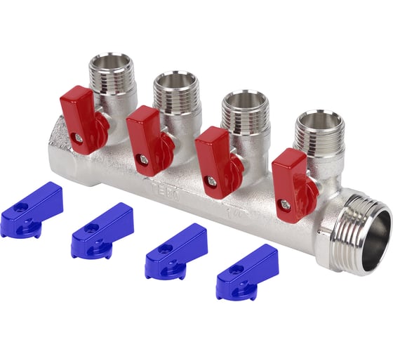 Коллектор с шаровыми кранами TEBO 1"x1/2" НР, 4 выхода T-КБ.403.1-12.4.CN