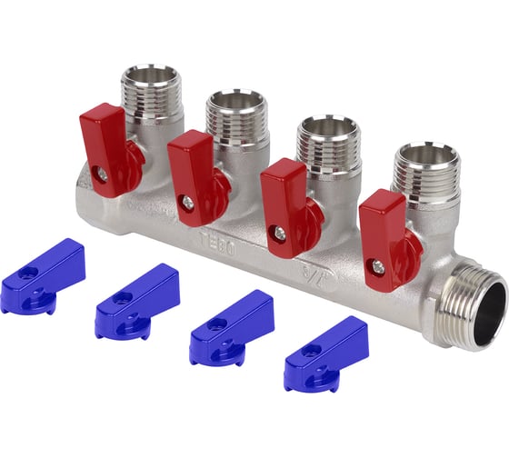 Коллектор с шаровыми кранами TEBO 3/4"x1/2" НР, 4 выхода T-КБ.403.34-12.4.CN