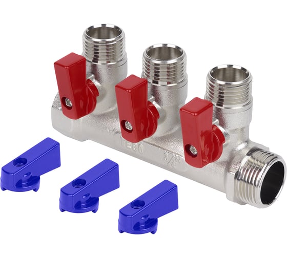 Коллектор с шаровыми кранами TEBO 3/4"x1/2" НР, 3 выхода T-КБ.403.34-12.3.CN