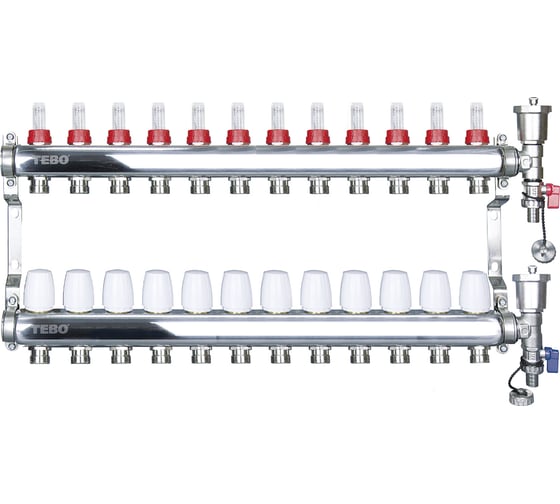 Коллекторная группа TEBO 1"x3/4", 12 выходов, с расходомерами, дренажным краном и воздухоотводом T-КГ.300.1.12.34.CN