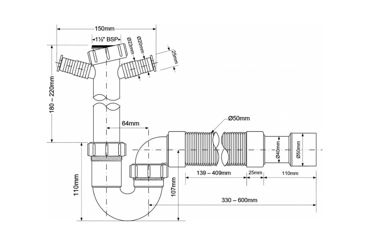 Сифон McAlpine трубный P/S - образный (1 1/2x40 мм) без выпуска, выход ...