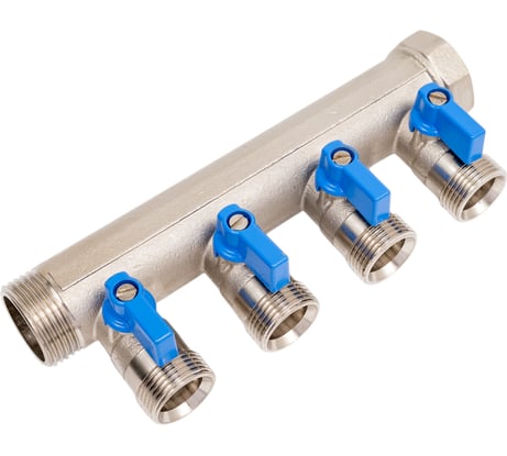 Коллектор HENCO 1" с синими шаровыми кранами, 3/4"НР евроконус, 1"-4xEK14,16,18,20 VB060504-BLAUW
