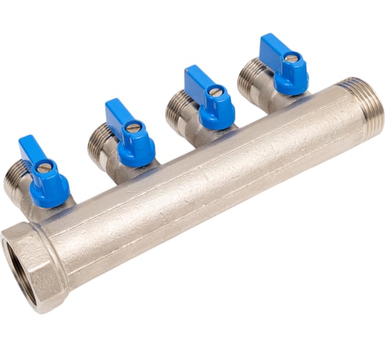 Коллектор HENCO 1" с синими шаровыми кранами, 3/4"НР евроконус, 1"-4xEK14,16,18,20 VB060504-BLAUW