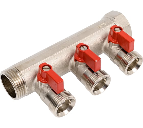 Коллектор HENCO 1" с красными шаровыми кранами, 3/4"НР евроконус, 1"-3xEK14,16,18,20 VB060503-ROOD 1