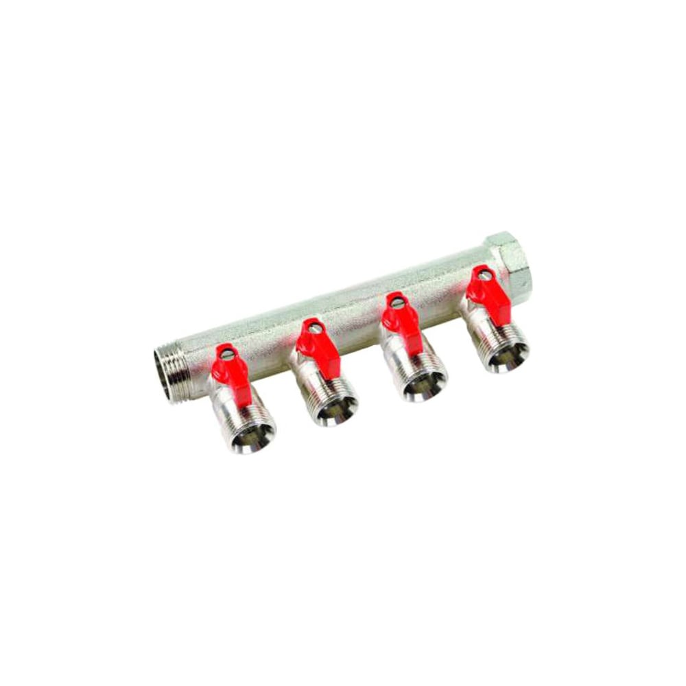 Коллектор HENCO 1" с красными шаровыми кранами, 3/4"НР евроконус, 1 ...