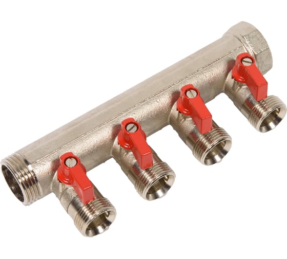 Коллектор HENCO 1" с красными шаровыми кранами, 3/4"НР евроконус, 1"-4xEK14,16,18,20 VB060504-ROOD