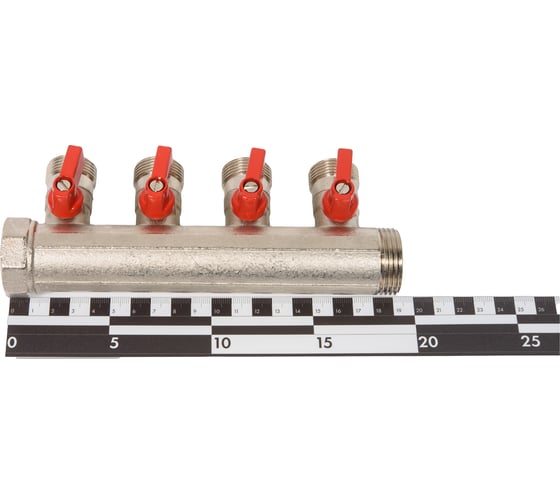 Коллектор HENCO 1" с красными шаровыми кранами, 3/4"НР евроконус, 1"-4xEK14,16,18,20 VB060504-ROOD