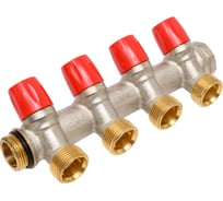 Коллектор HENCO VBS с красными вентилями, 3/4"НР под евроконус, 3/4" - 4xEK VBS050504-RO