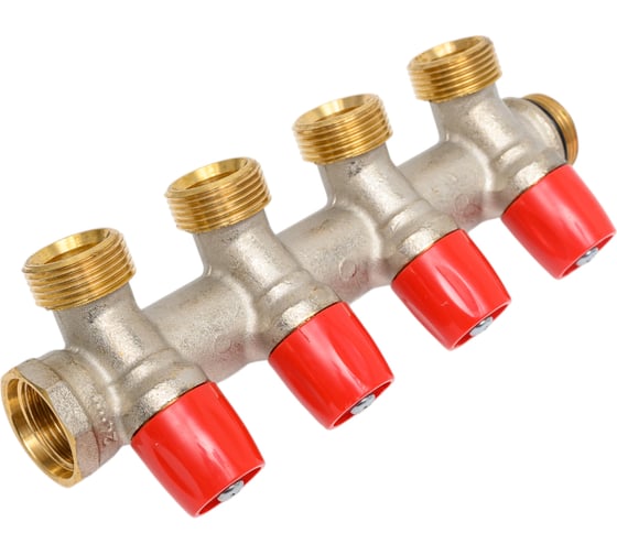Коллектор HENCO VBS с красными вентилями, 3/4"НР под евроконус, 3/4" - 4xEK VBS050504-RO