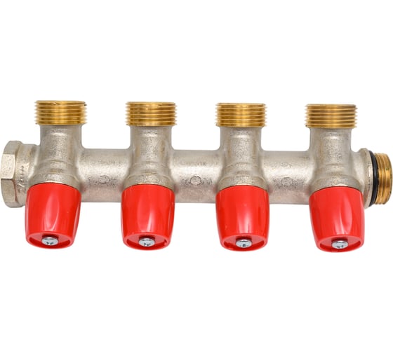 Коллектор HENCO VBS с красными вентилями, 3/4"НР под евроконус, 3/4" - 4xEK VBS050504-RO