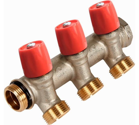 Коллектор HENCO VBS с красными вентилями, 3/4"НР под евроконус, 3/4" - 3xEK VBS050503-RO 1