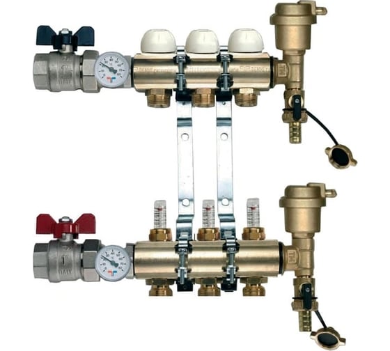 Коллекторная группа Tiemme 3 отвода 1" с расходомерами, латунь 3870008 / 3871G060503