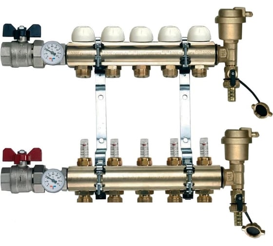 Коллекторная группа Tiemme 5 отводов 1" с расходомерами, латунь 3870001 / 3871G060505 1