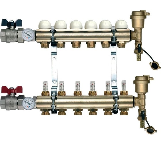 Коллекторная группа Tiemme 6 отводов 1" с расходомерами, латунь 3870002 / 3871G060506