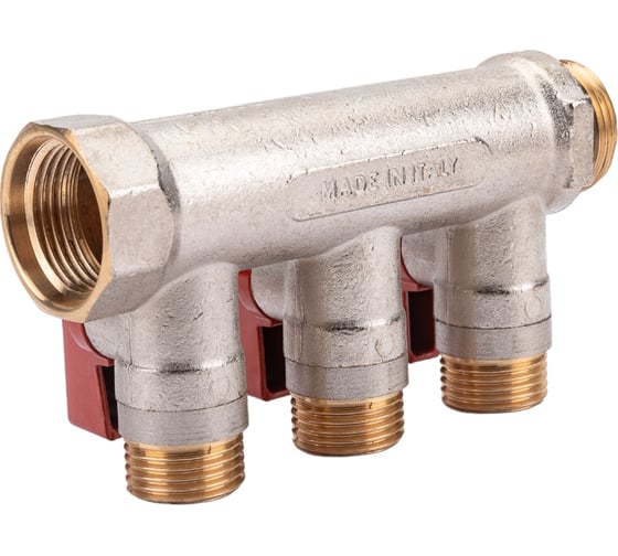 Коллектор с шаровыми кранами STOUT Smb 6210 341203 3/4", 3 отвода 1/2", красные ручки RG0091AACQM2BK