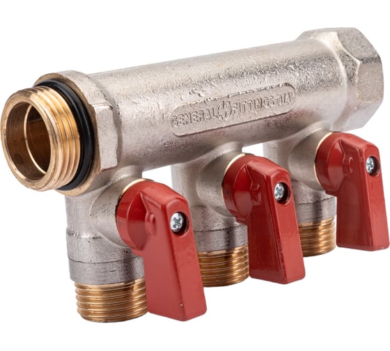 Коллектор с шаровыми кранами STOUT Smb 6210 341203 3/4", 3 отвода 1/2", красные ручки RG0091AACQM2BK