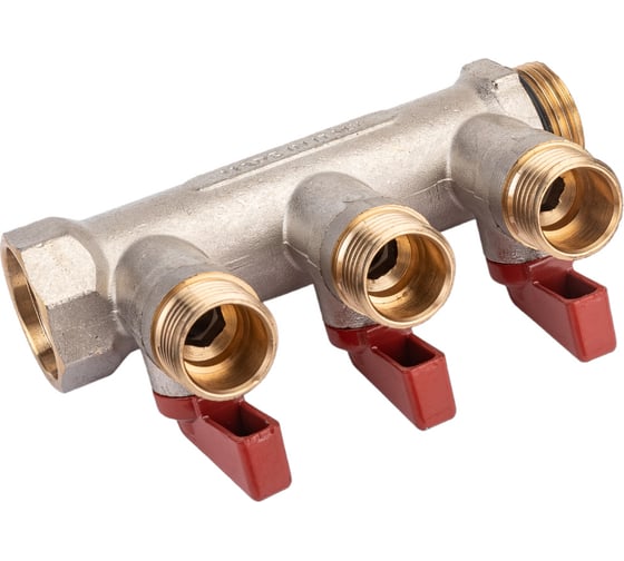 Коллектор с шаровыми кранами STOUT Smb 6210 341203 3/4", 3 отвода 1/2", красные ручки RG0091AACQM2BK
