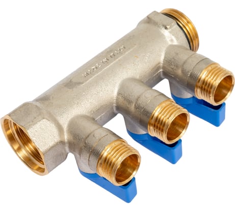 Коллектор с шаровыми кранами STOUT Smb 6211 011203 1", 3 отвода 1/2", синие ручки RG0091AACQMBJO