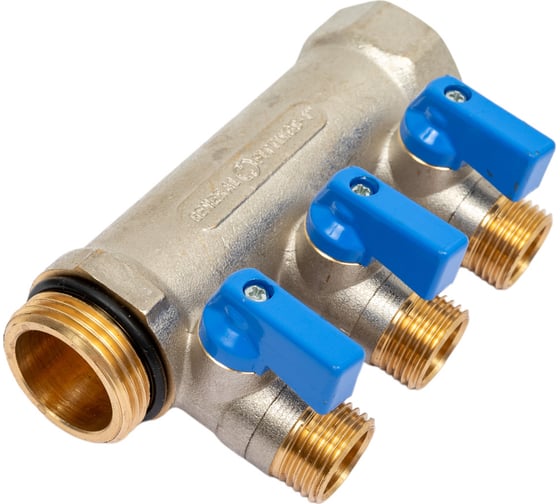 Коллектор с шаровыми кранами STOUT Smb 6211 011203 1", 3 отвода 1/2", синие ручки RG0091AACQMBJO