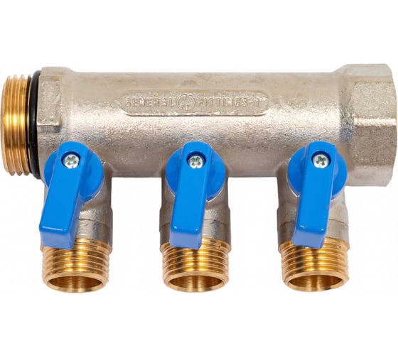 Коллектор с шаровыми кранами STOUT Smb 6211 011203 1", 3 отвода 1/2", синие ручки RG0091AACQMBJO