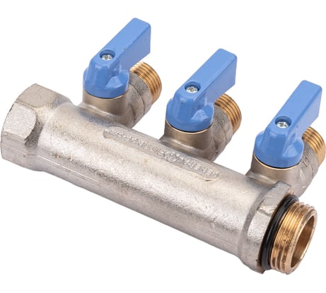 Коллектор с шаровыми кранами STOUT Smb 6211 341203 3/4", 3 отвода 1/2", синие ручки RG0091AACQML3R