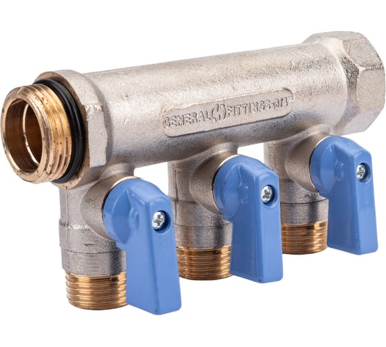 Коллектор с шаровыми кранами STOUT Smb 6211 341203 3/4", 3 отвода 1/2", синие ручки RG0091AACQML3R