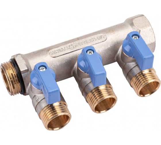 Коллектор с шаровыми кранами STOUT Smb 6211 341203 3/4", 3 отвода 1/2", синие ручки RG0091AACQML3R
