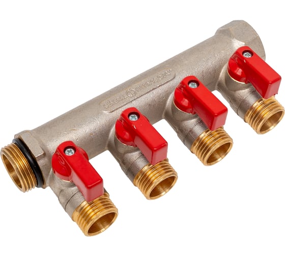 Коллектор с шаровыми кранами STOUT Smb 6210 341204 3/4", 4 отвода 1/2", красные ручки RG0091AACQND3T