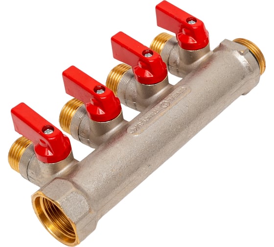 Коллектор с шаровыми кранами STOUT Smb 6210 341204 3/4", 4 отвода 1/2", красные ручки RG0091AACQND3T