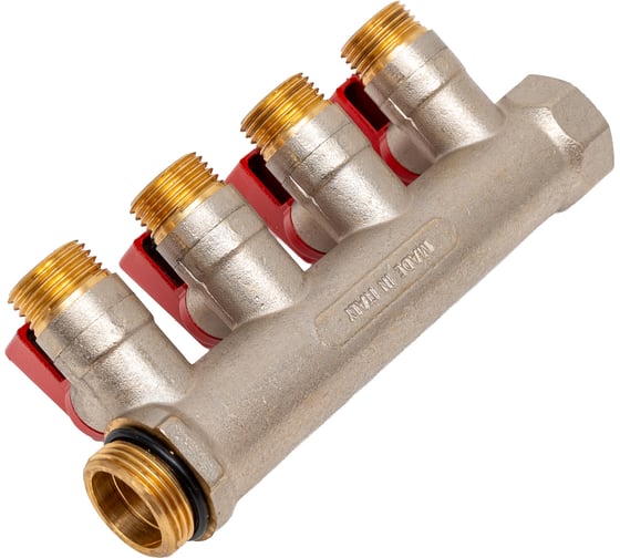 Коллектор с шаровыми кранами STOUT Smb 6210 341204 3/4", 4 отвода 1/2", красные ручки RG0091AACQND3T