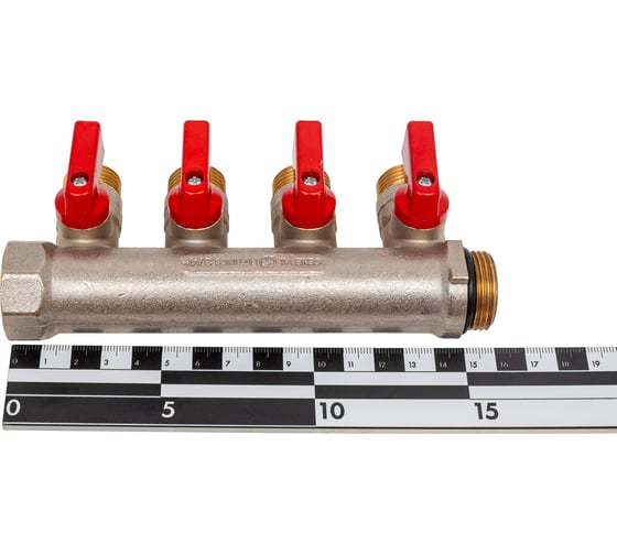 Коллектор с шаровыми кранами STOUT Smb 6210 341204 3/4", 4 отвода 1/2", красные ручки RG0091AACQND3T