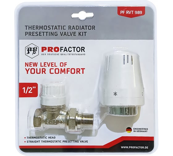 Комплект радиатора PROFACTOR термостатический, прямой, с преднастройкой, 1/2 PF RVT 989
