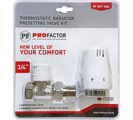 Комплект радиатора PROFACTOR термостатический, прямой, с преднастройкой, 3/4 PF RVT 990