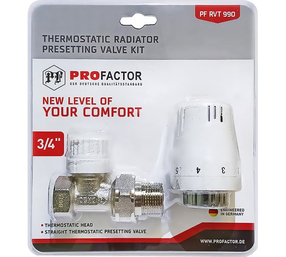 Комплект радиатора PROFACTOR термостатический, прямой, с преднастройкой, 3/4 PF RVT 990 1