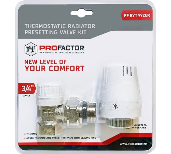 Комплект радиатора PROFACTOR термостатический, угловой, с преднастройкой и уплотнением, 3/4 PF RVT 992UR