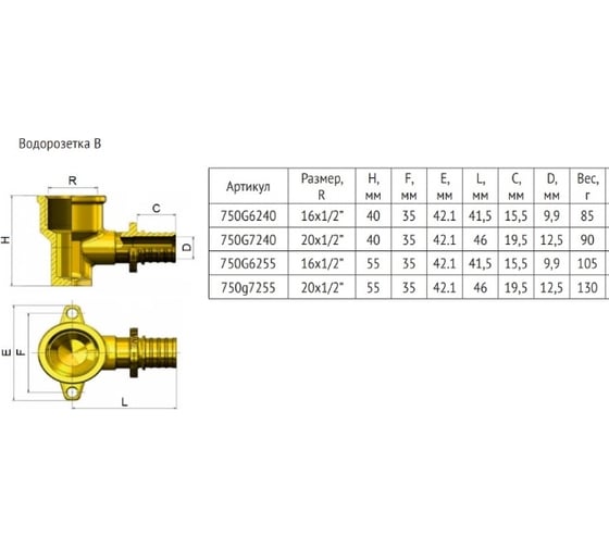 Аксиальная водорозетка Uni-Fitt 20x1/2", h = 55 мм 750G7255