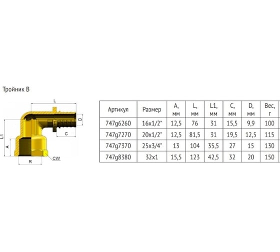 Аксиальный тройник Uni-Fitt-В 25x3/4"х25 747G8380