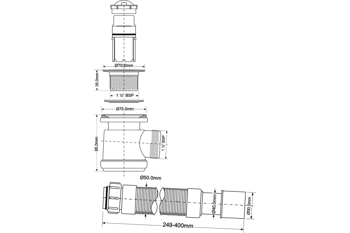 Трап для поддона McAlpine (выпуск 70мм) 50/60-1 1/2, h=92мм, с гофрой ...