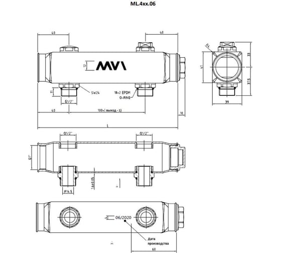 Коллектор MVI из нержавеющей стали, м\ц 100мм, 1"x1/2", 3 выхода (пара) ML.403.06