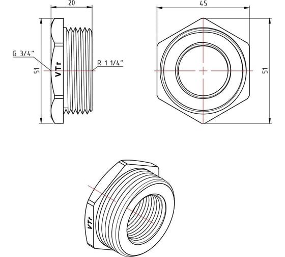 Футорка Valtec наружная-внутренняя резьба 1 1/4"x3/4" VTr.581.N.0705
