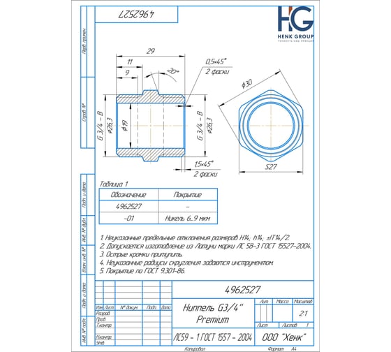 Ниппель BRASSCO Premium G3/4 4962527