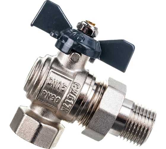 Шаровый угловой кран с полусгоном с угловой американкой AQUALINK 1/2" бант ИС.080046